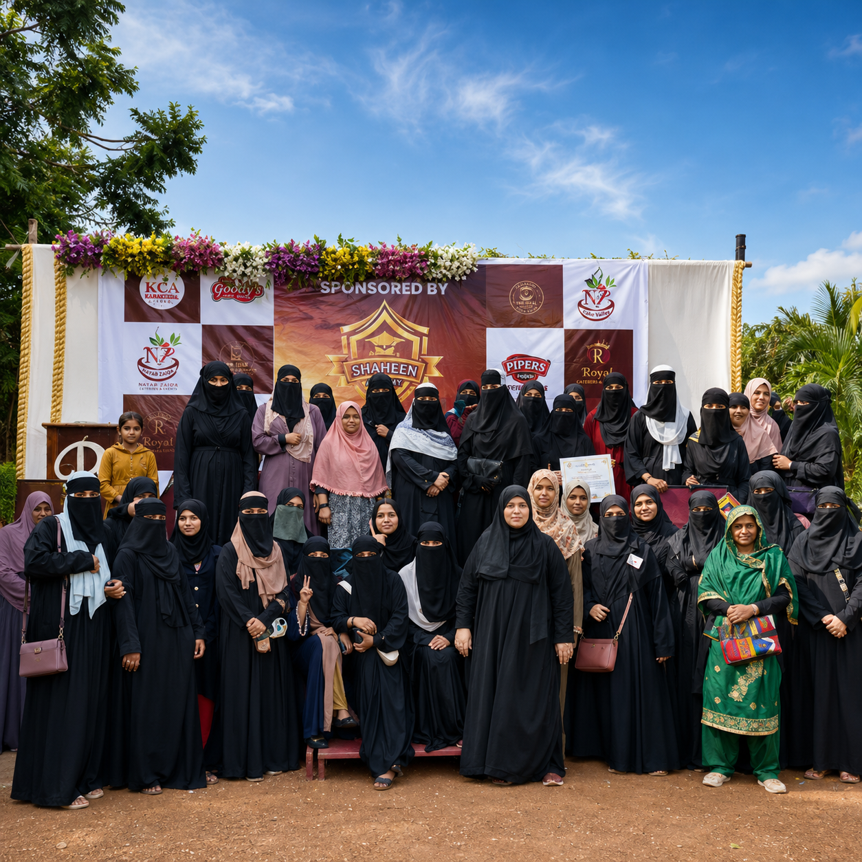 Sponsor banner group photo at outdoor sports meeting