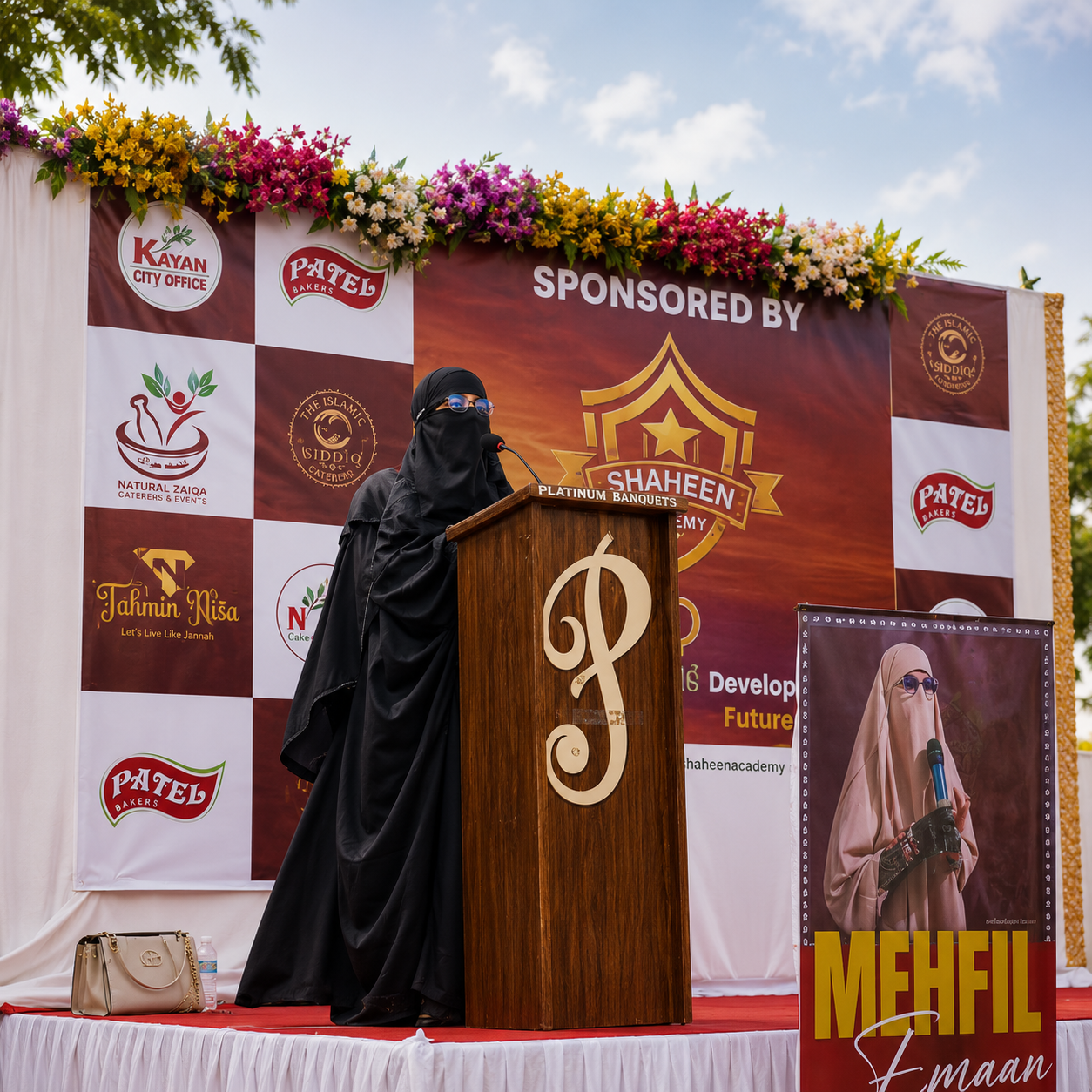 Shaheen Shaikh delivering speech at Mehfil Emaan podium stage